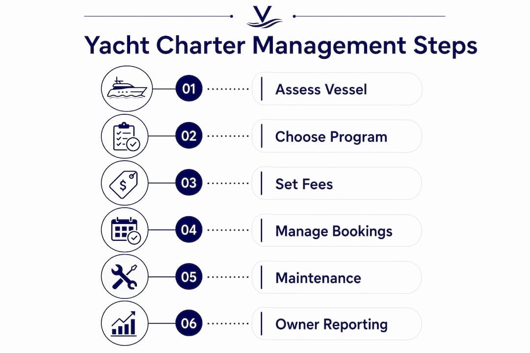 Infographic outlining yacht charter management process steps