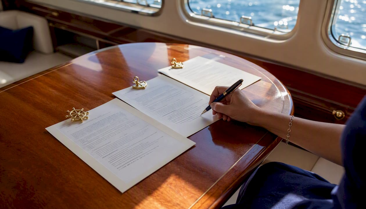 Overhead view of charter contracts on yacht deck