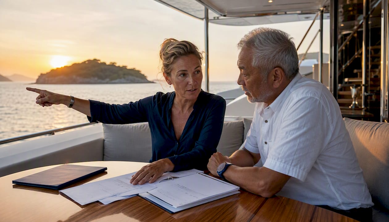 Yacht captain and charterer discussing incident on boat