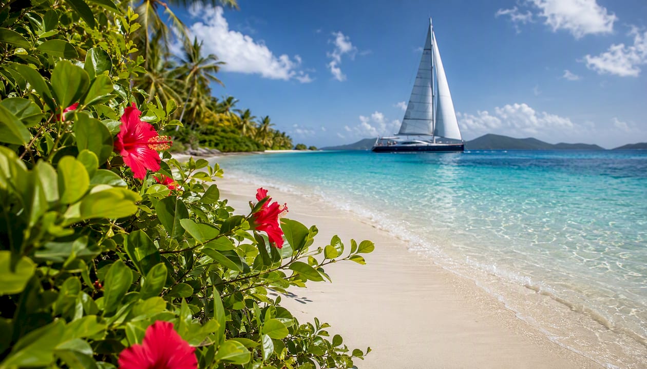 BVI coastline with power catamaran sailing in steady trade winds