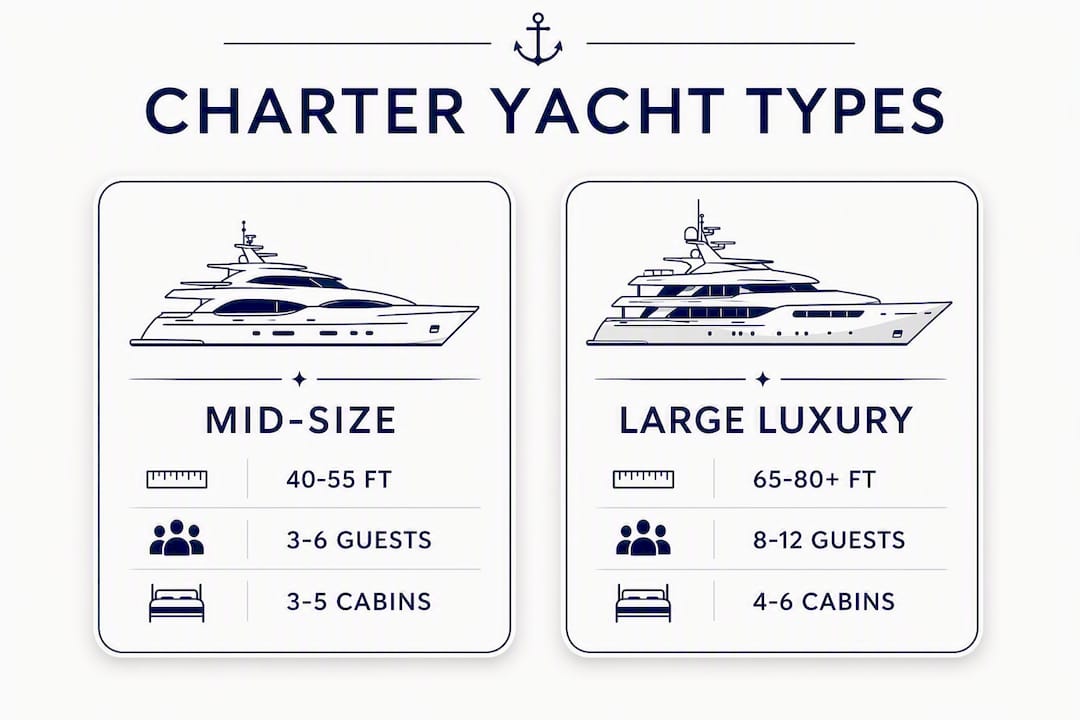 Infographic comparing mid-size and large luxury power catamarans