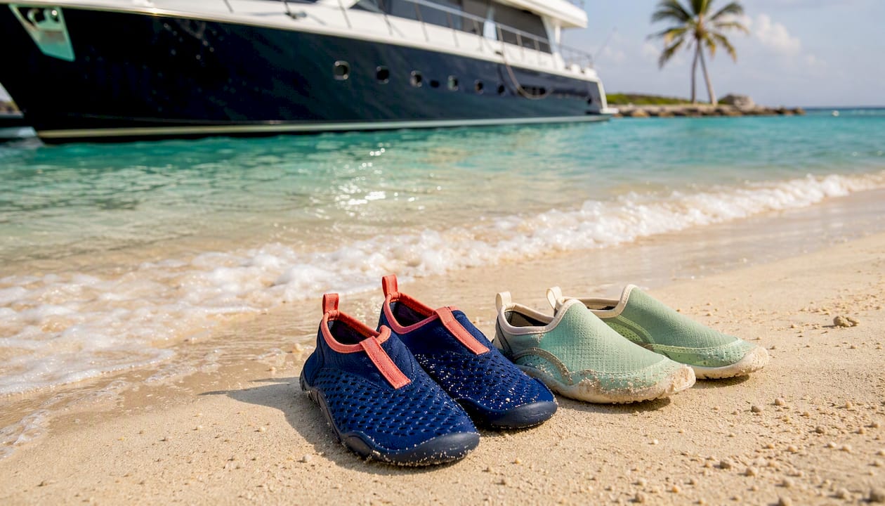 Close-up of water shoes on yacht deck