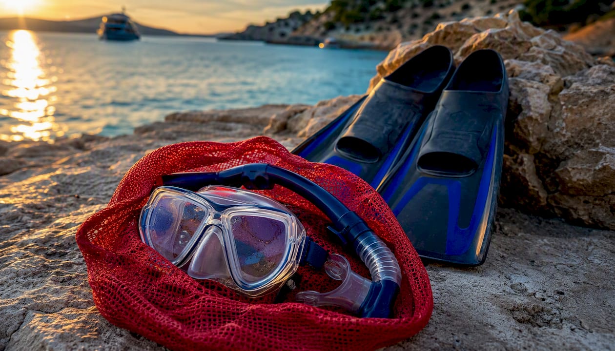 Snorkel gear in mesh bag drying on dock