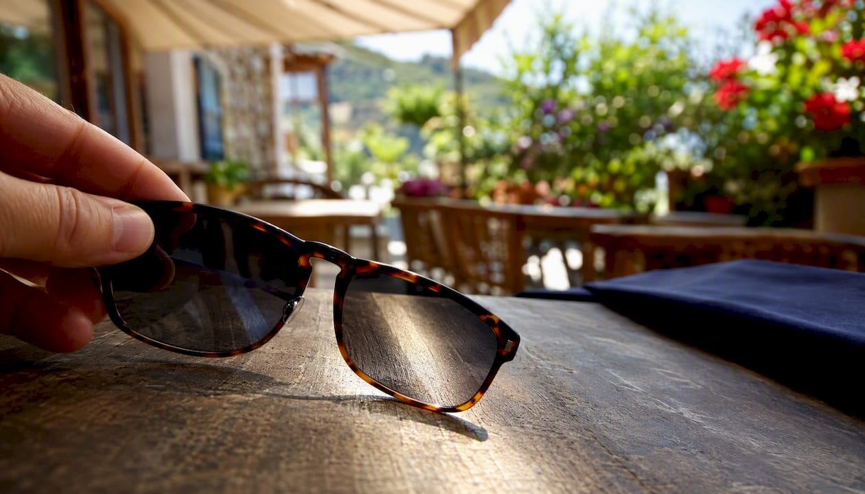 Hands holding sunglasses lens demonstrating polarization