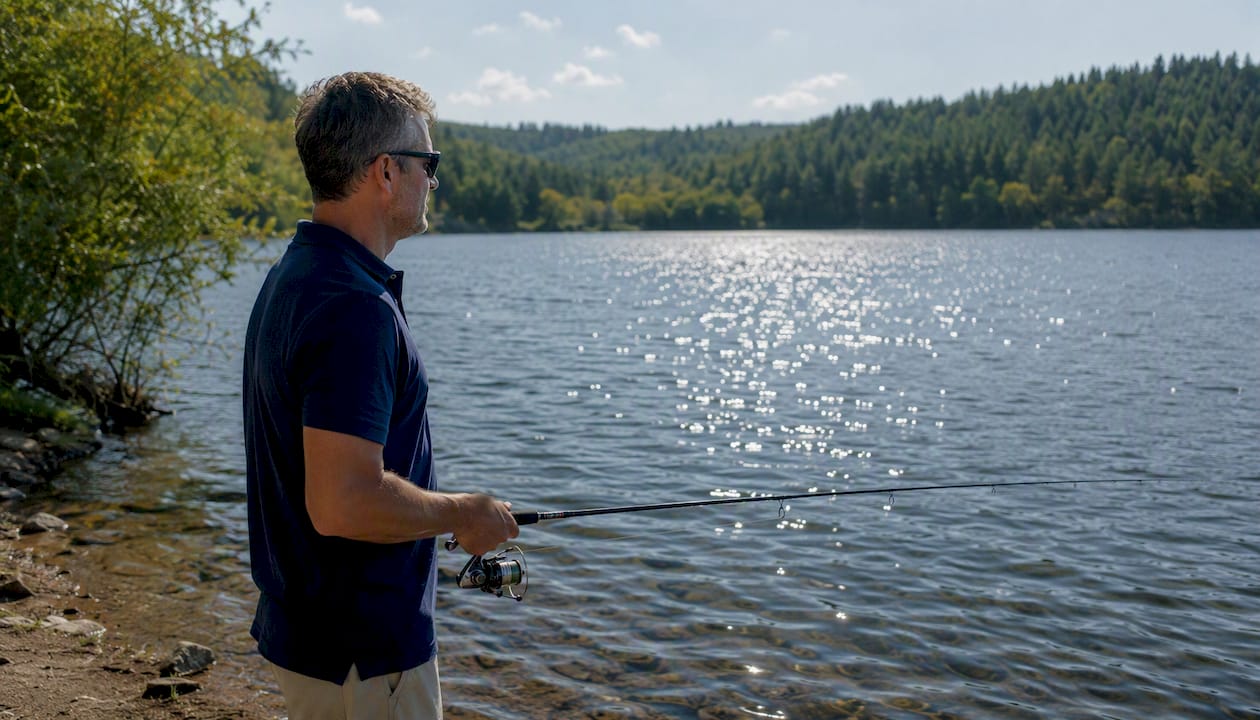 Man fishing wearing polarized sunglasses on river