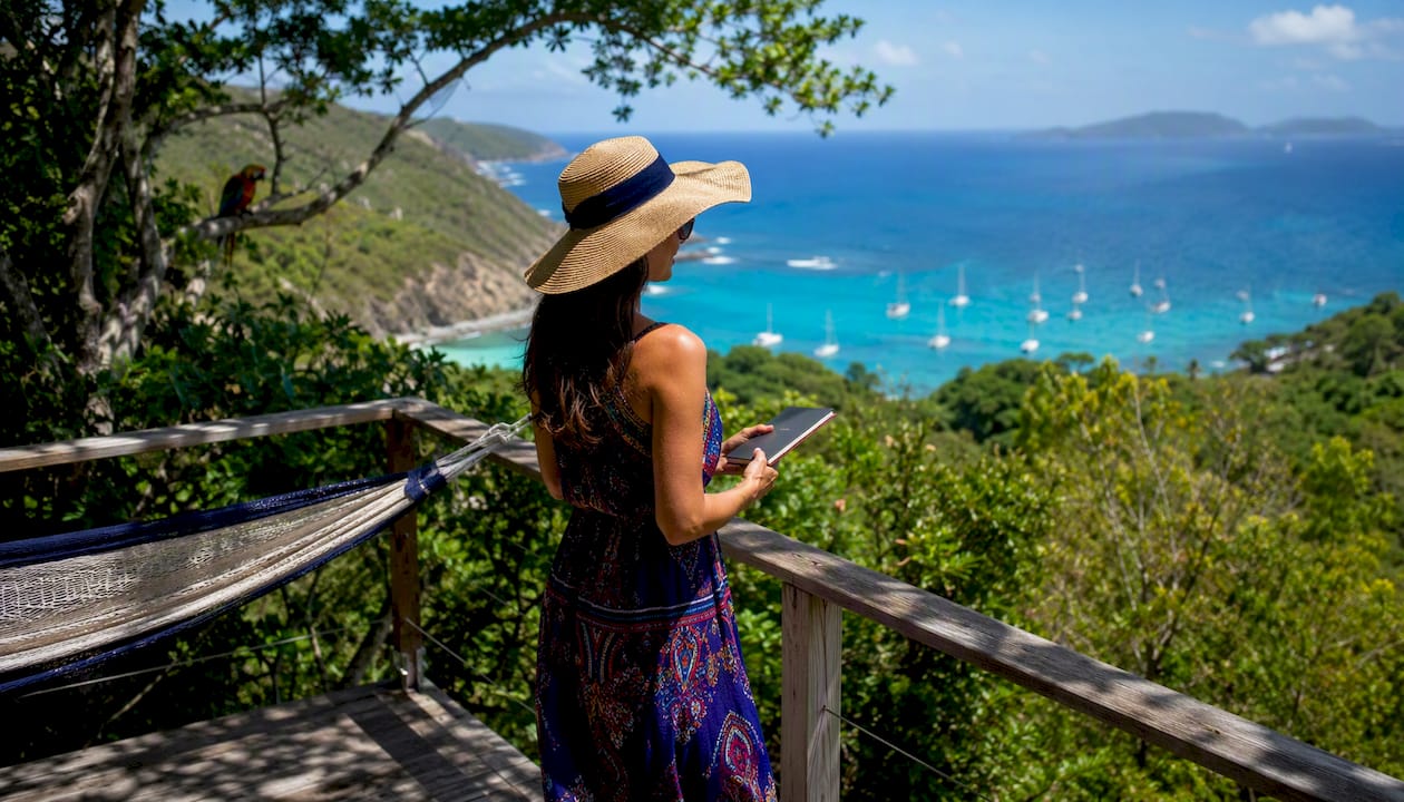 Traveler overlooking vibrant Virgin Islands harbor