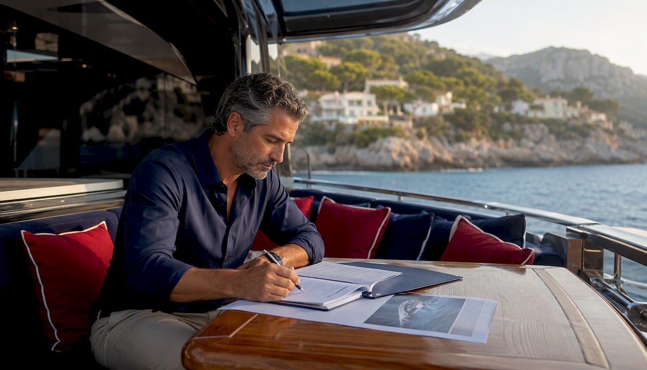 Man reviewing yacht ownership documents in marina office