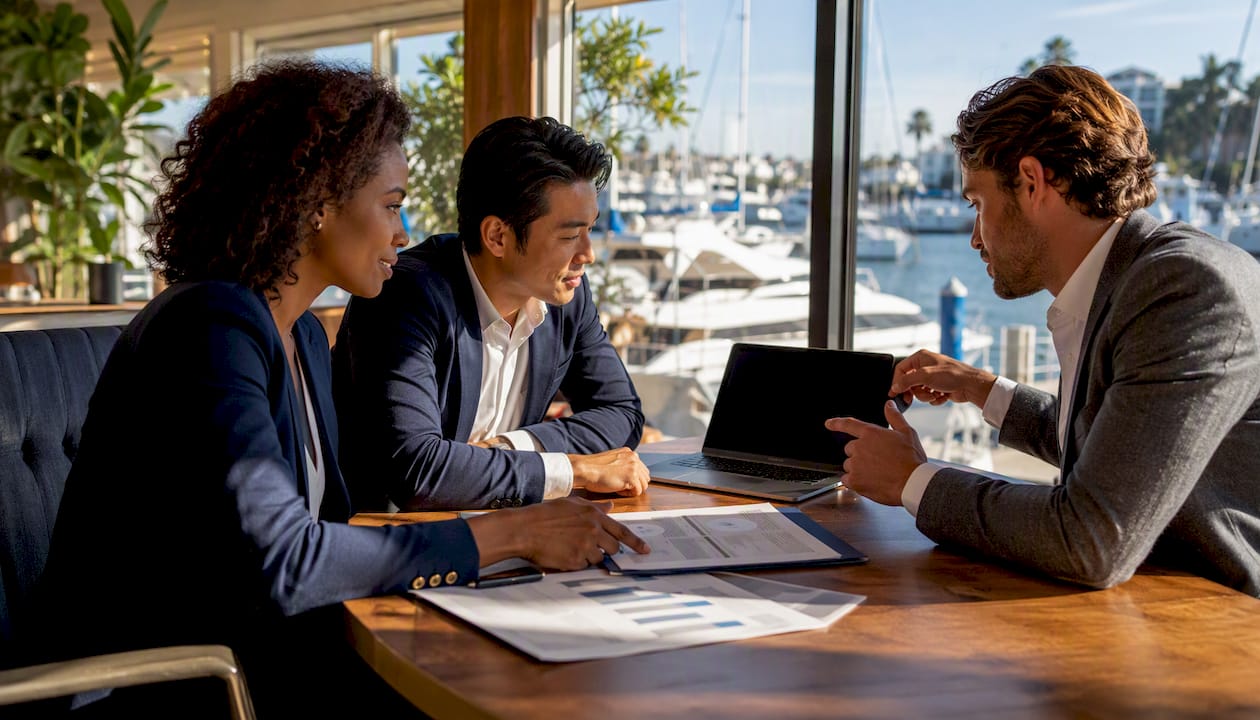 Team discussing yacht revenue sharing program
