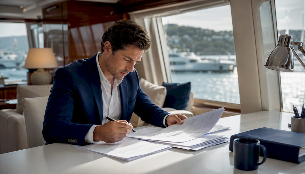 Hands reviewing U.S. yacht business tax documents