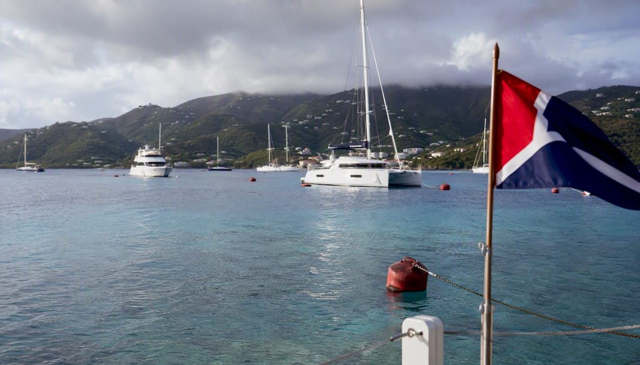 BVI mooring field with yachts and buoys