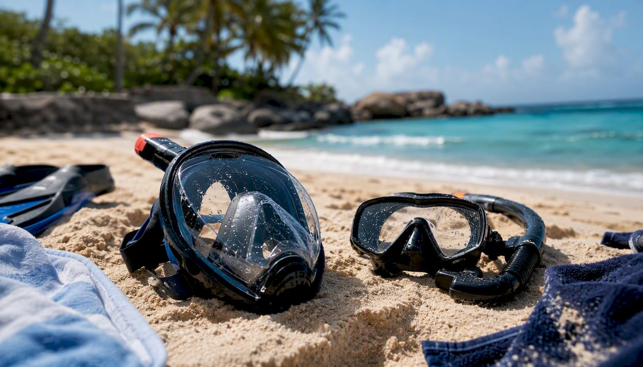 Full-face and traditional snorkel masks on dock