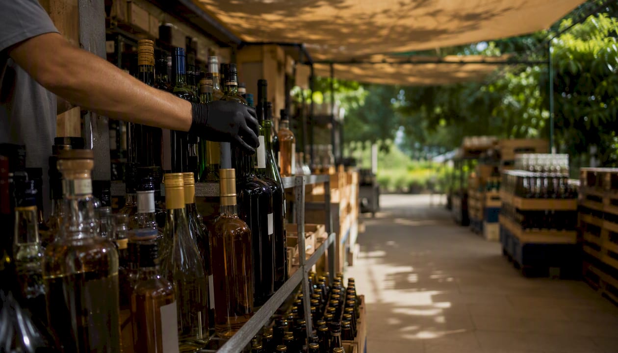 Beverage supplier shelves with wine and spirits bottles
