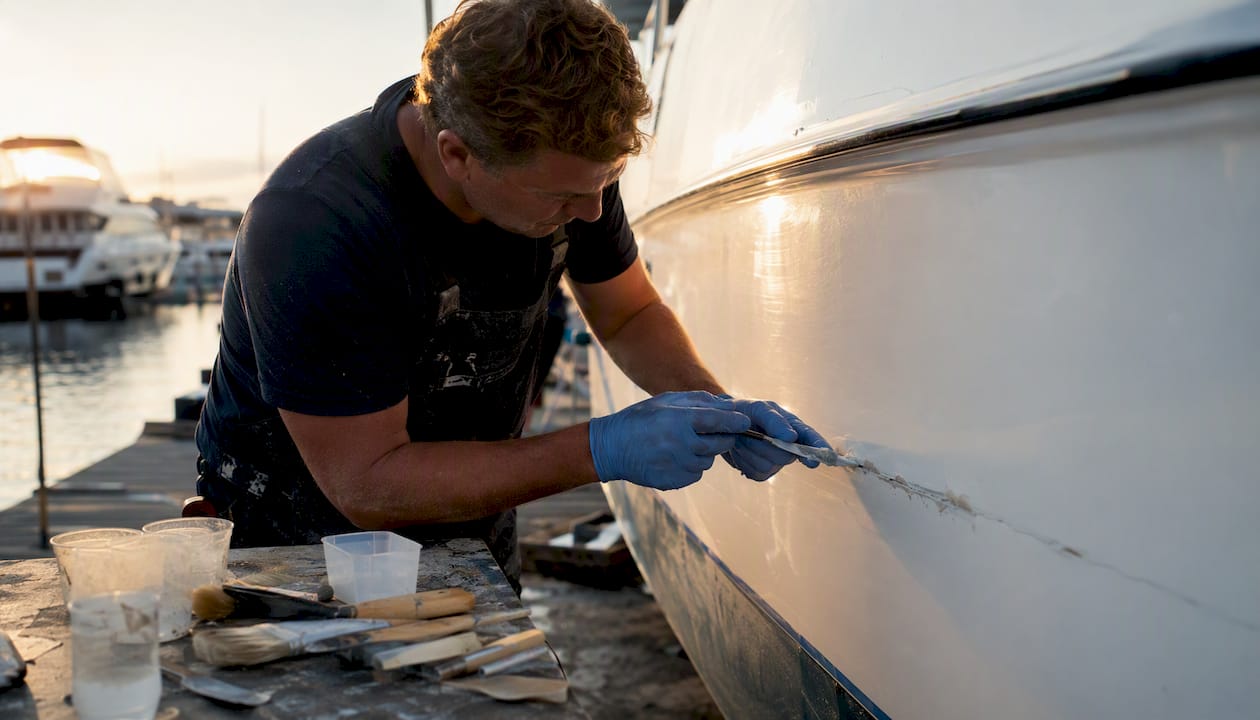 Hands repairing yacht hull with resin