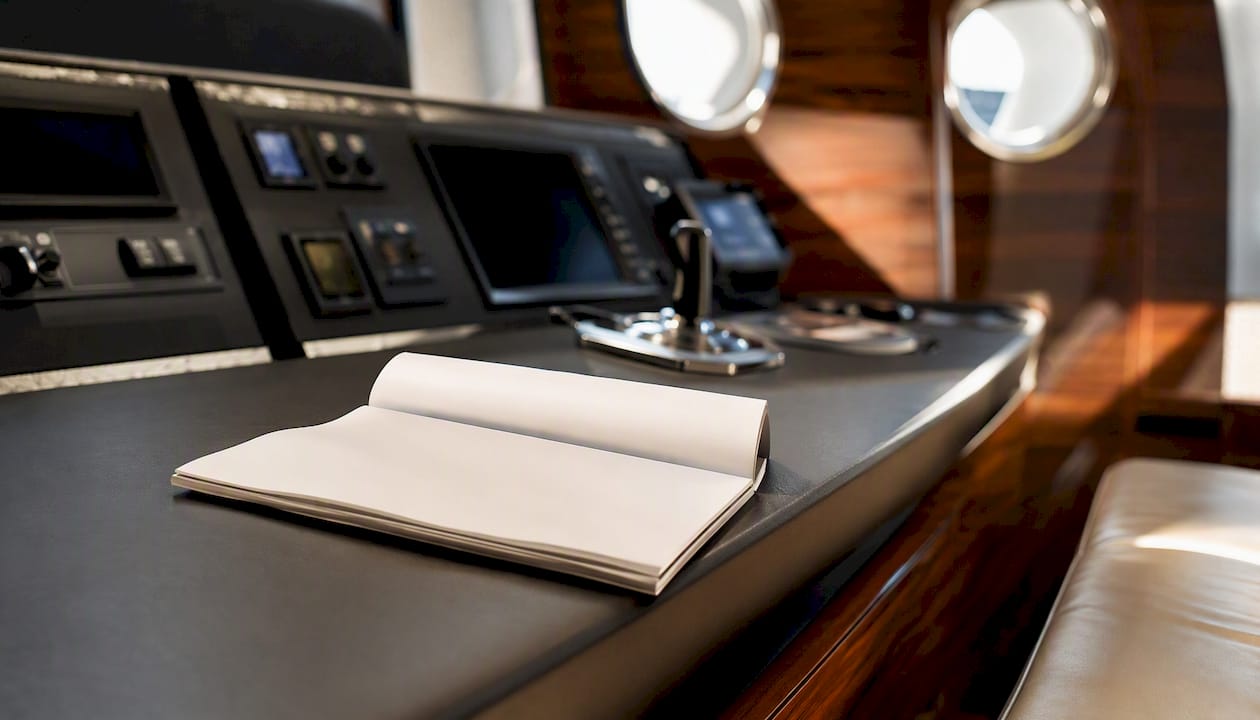 Travel insurance papers on yacht navigation console