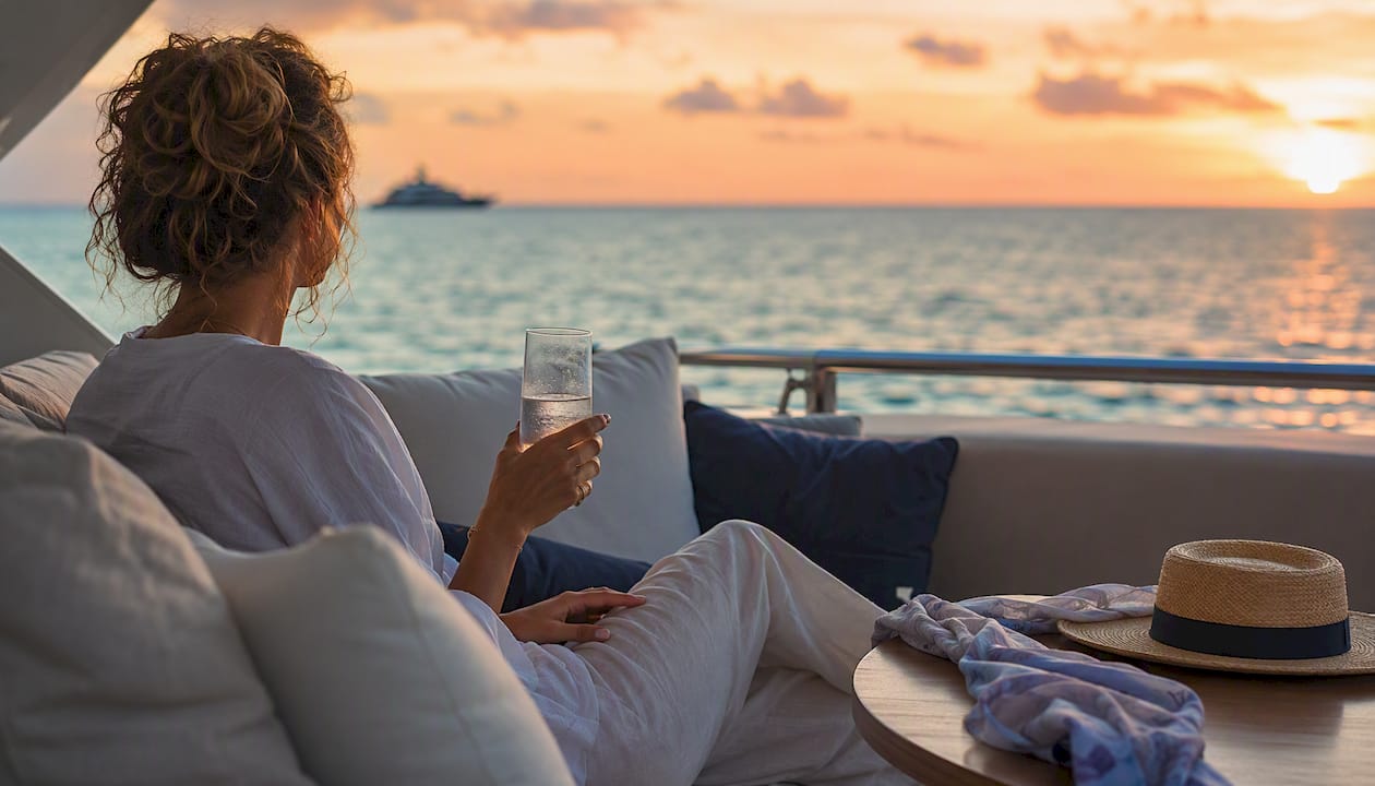 Yacht deck with clear distant horizon and calm sea