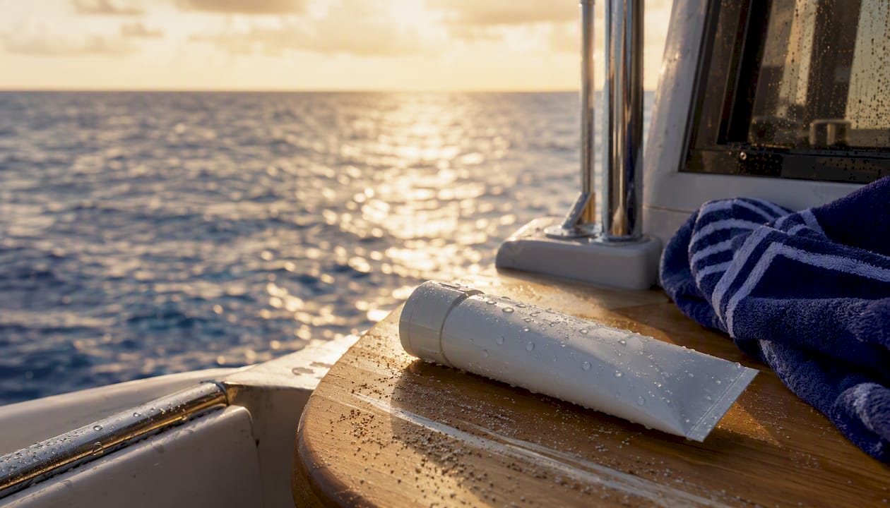 Sunscreen and saltwater droplets on yacht deck