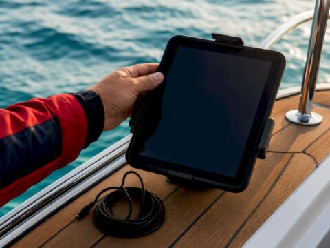 Yacht helm with navigation tablet mounted