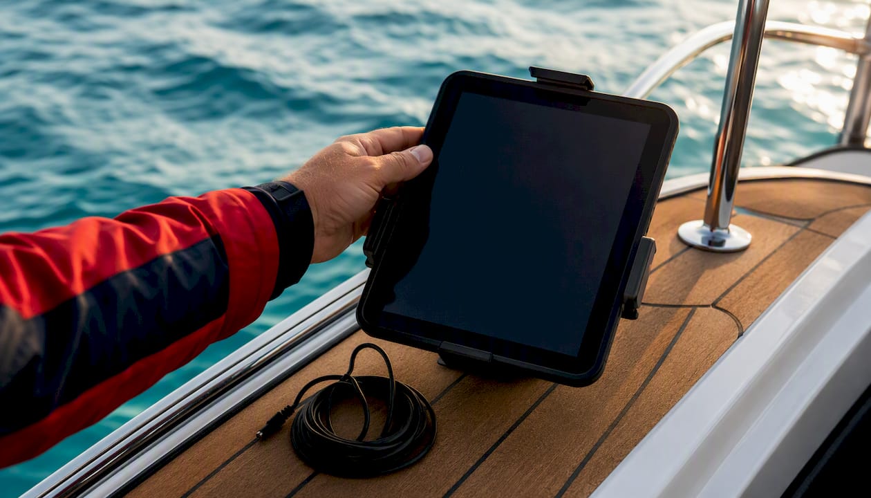 Yacht helm with navigation tablet mounted