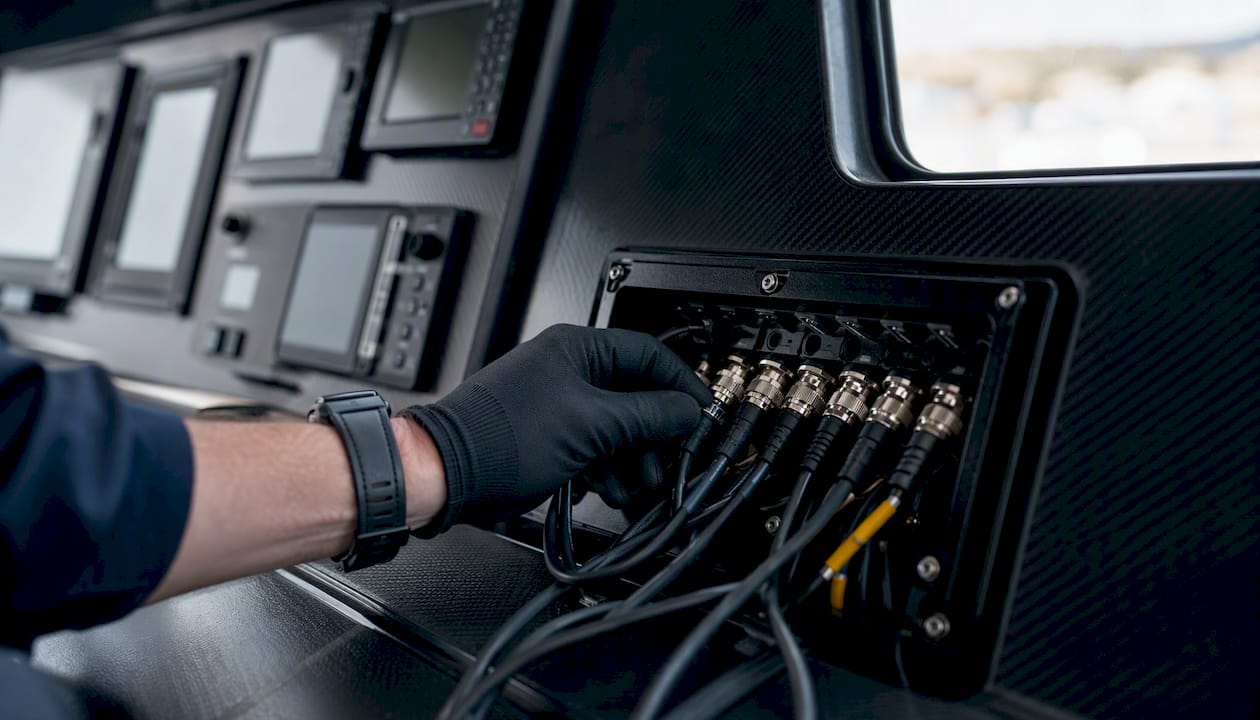 NMEA network box with cables in yacht nav station