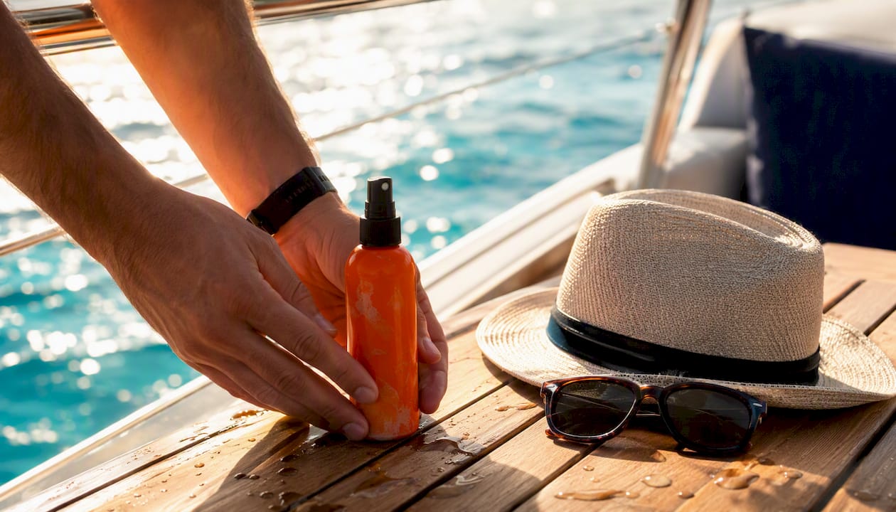 Hands placing insect repellent on yacht deck