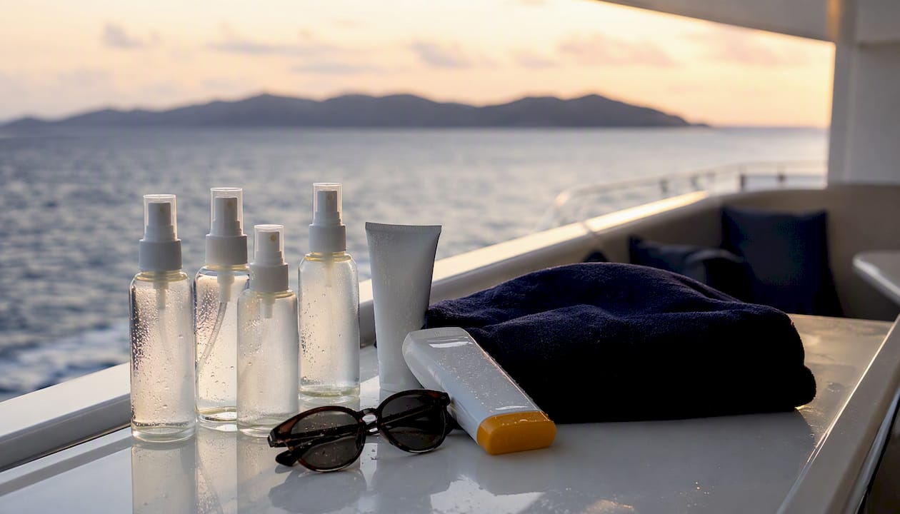 Travel insect repellent and essentials on table