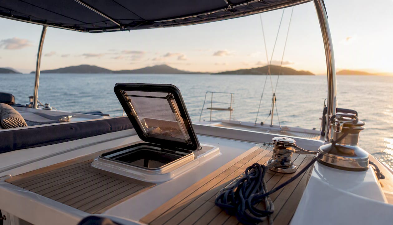 Luxury catamaran deck with screened hatch open