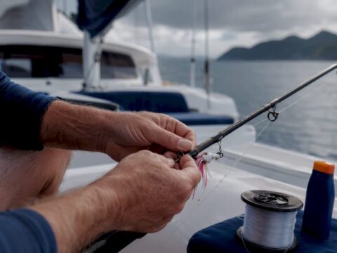Hands prepping fishing rods on yacht deck