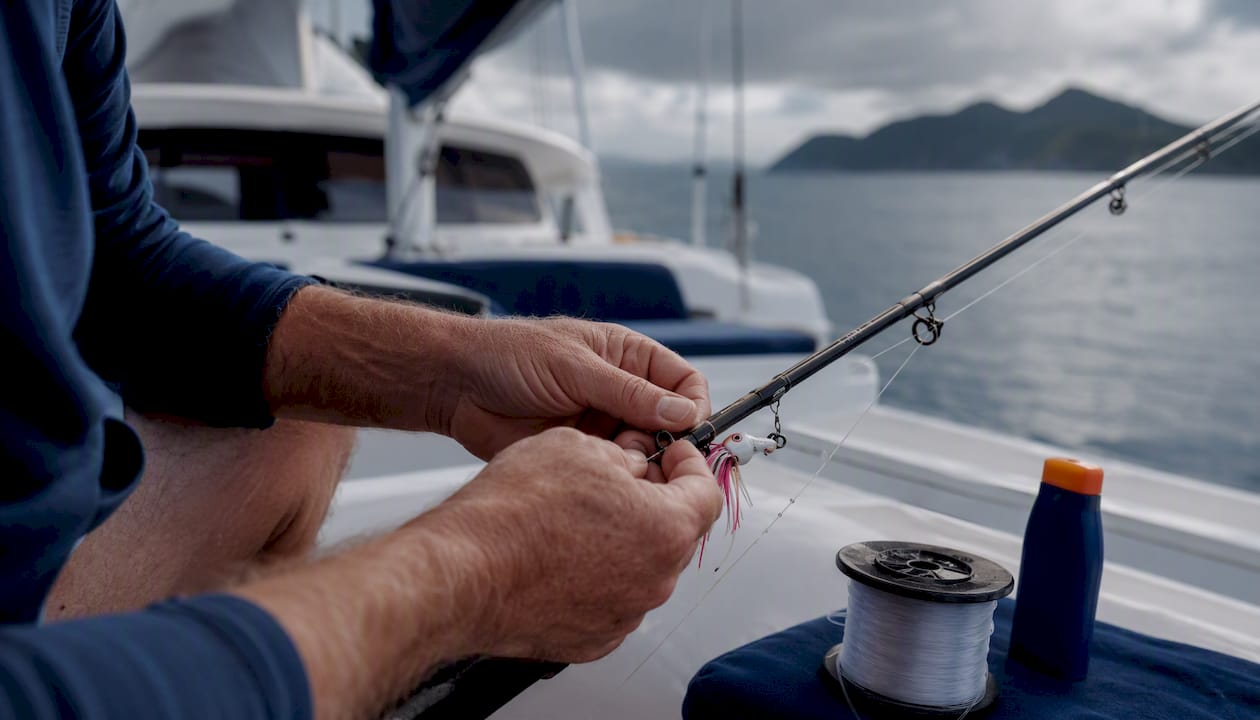 Hands prepping fishing rods on yacht deck