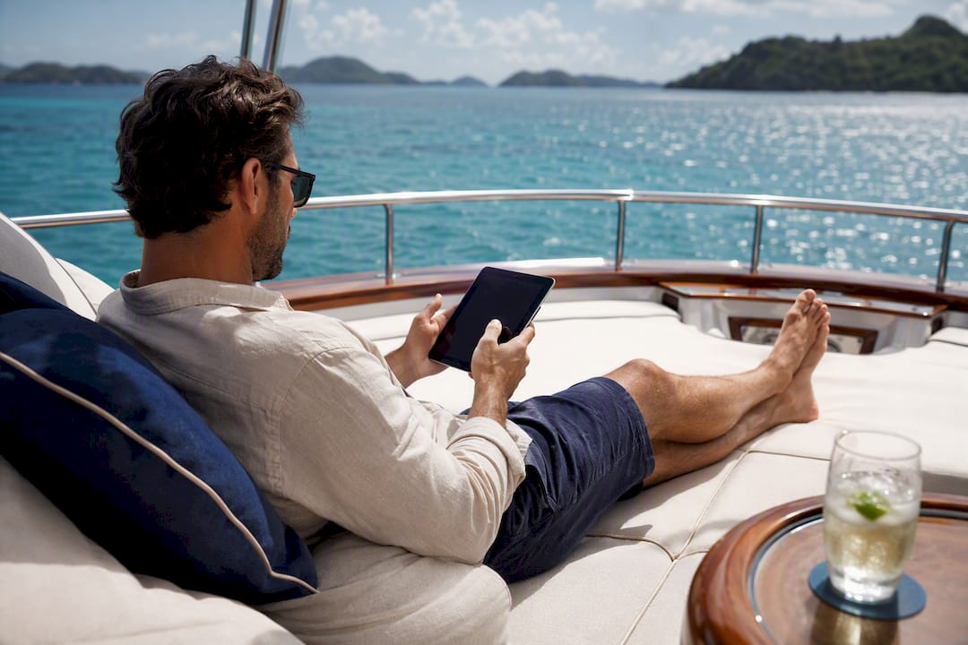 Guest calculating yacht tip on tablet at yacht cockpit