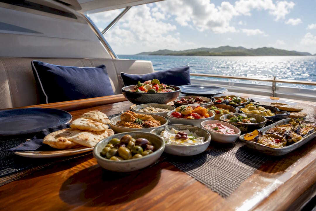 Mezze style lunch spread on yacht deck