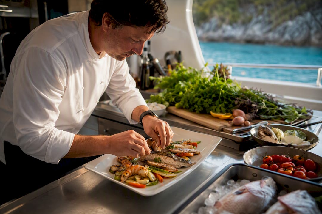 Chef plating gourmet meal in yacht galley