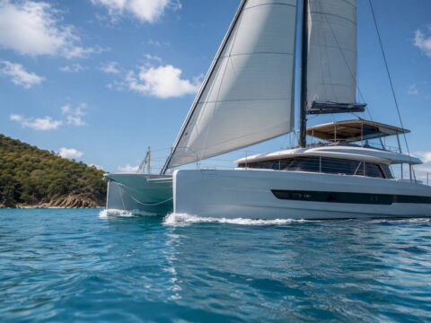 Luxury catamaran anchored in BVI waters