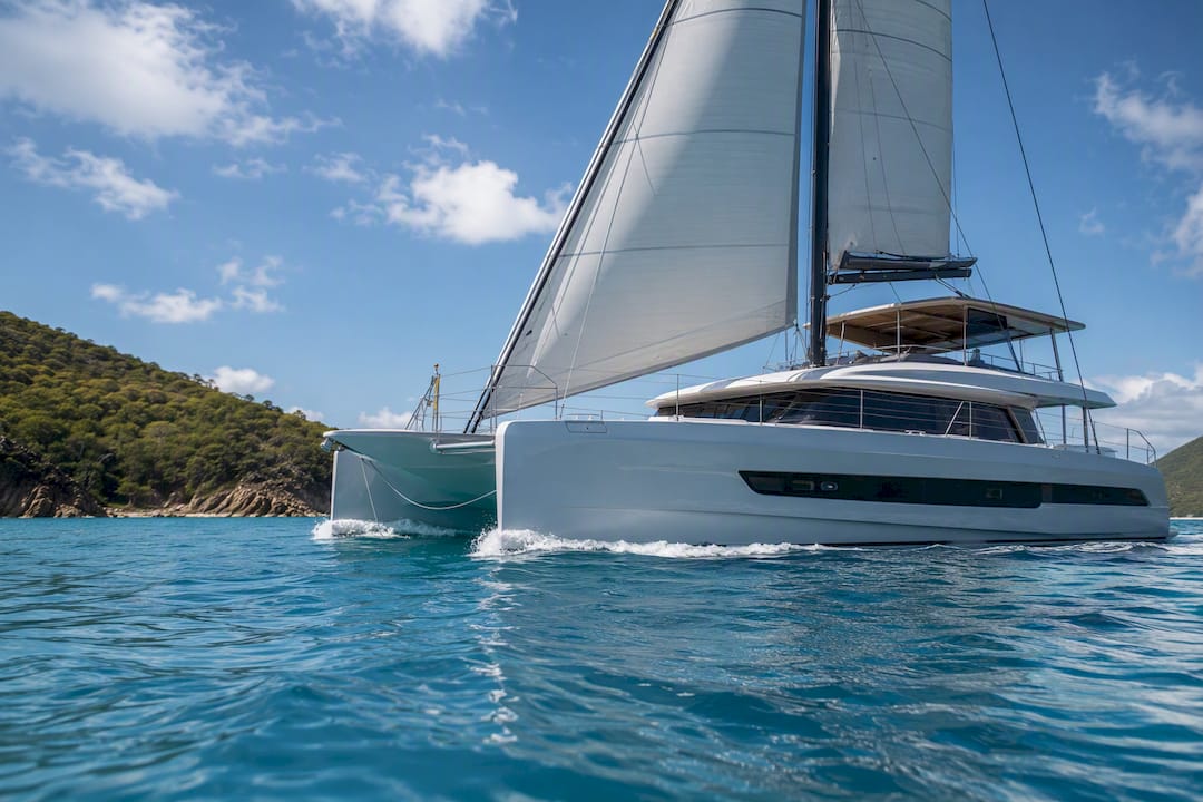 Luxury catamaran anchored in BVI waters