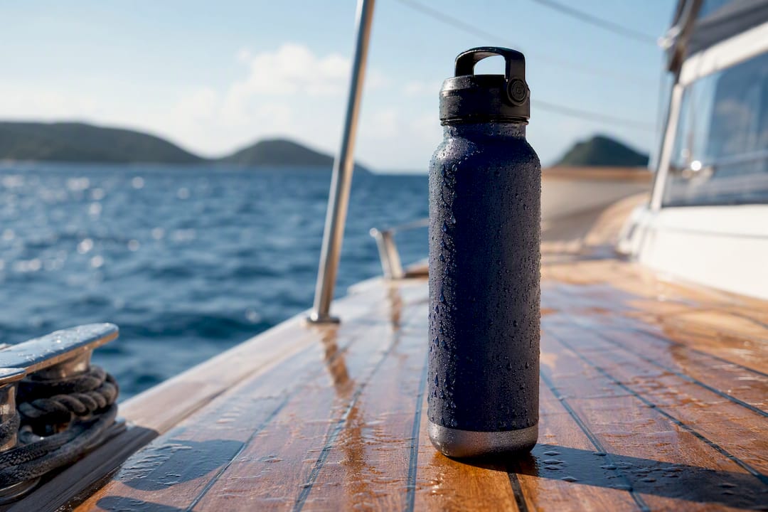 Water bottle on yacht deck for hydration