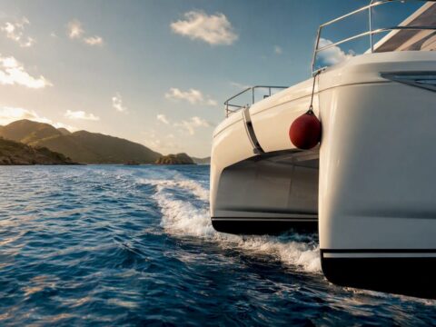 Power catamaran cruising through BVI waters