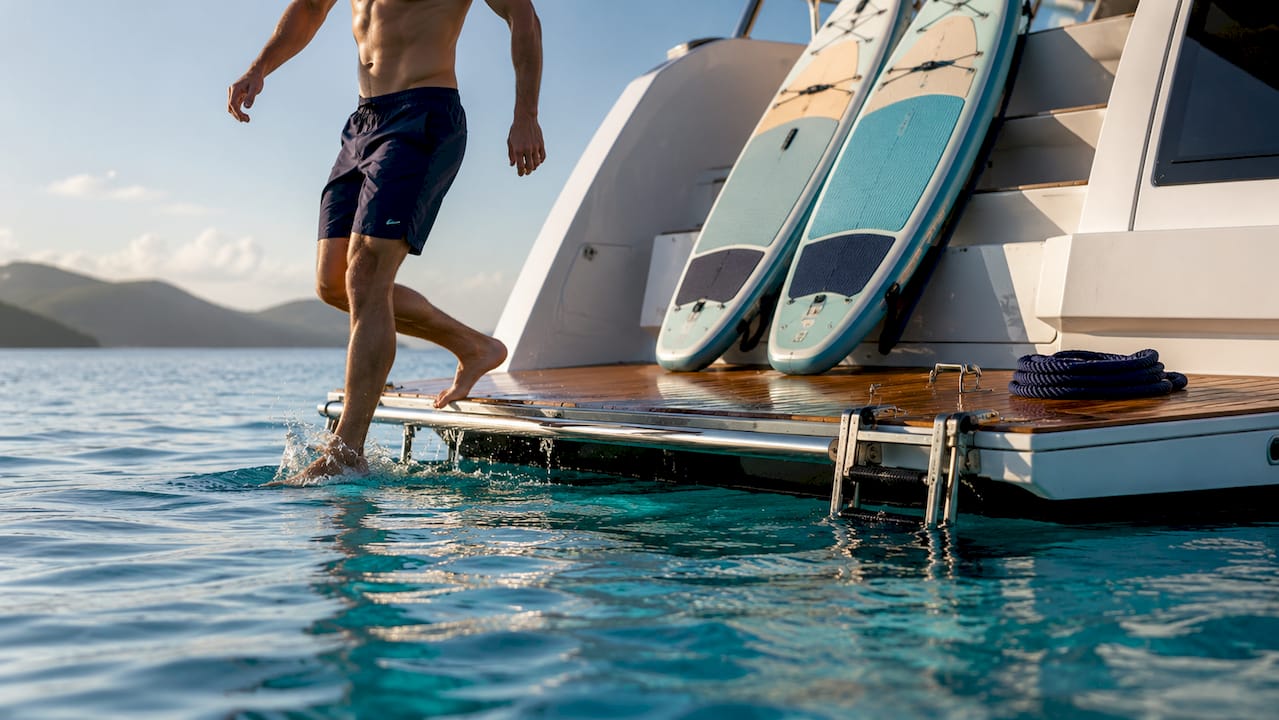 Guest stepping from catamaran swim platform