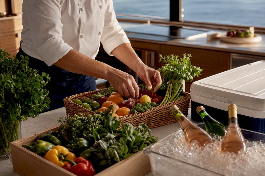 Chef organizing fresh yacht provisions