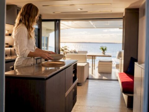 Open galley and salon sightline aboard catamaran
