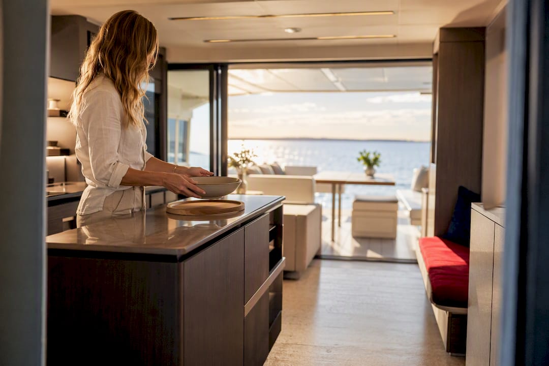 Open galley and salon sightline aboard catamaran