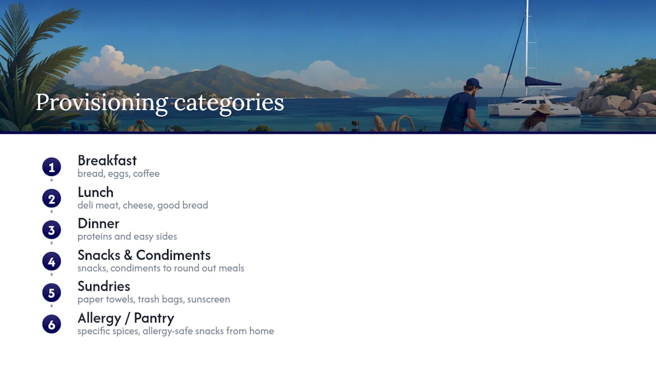 Provisioning categories for a bareboat charter