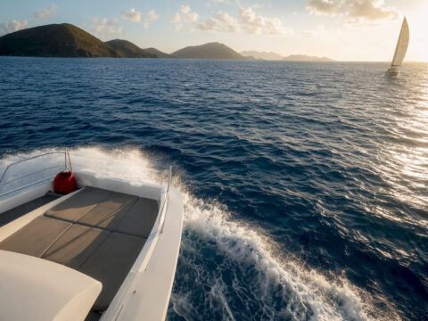 Power wake and distant sail among Caribbean islands