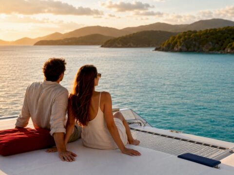 Couple relaxing aboard a BVI power catamaran