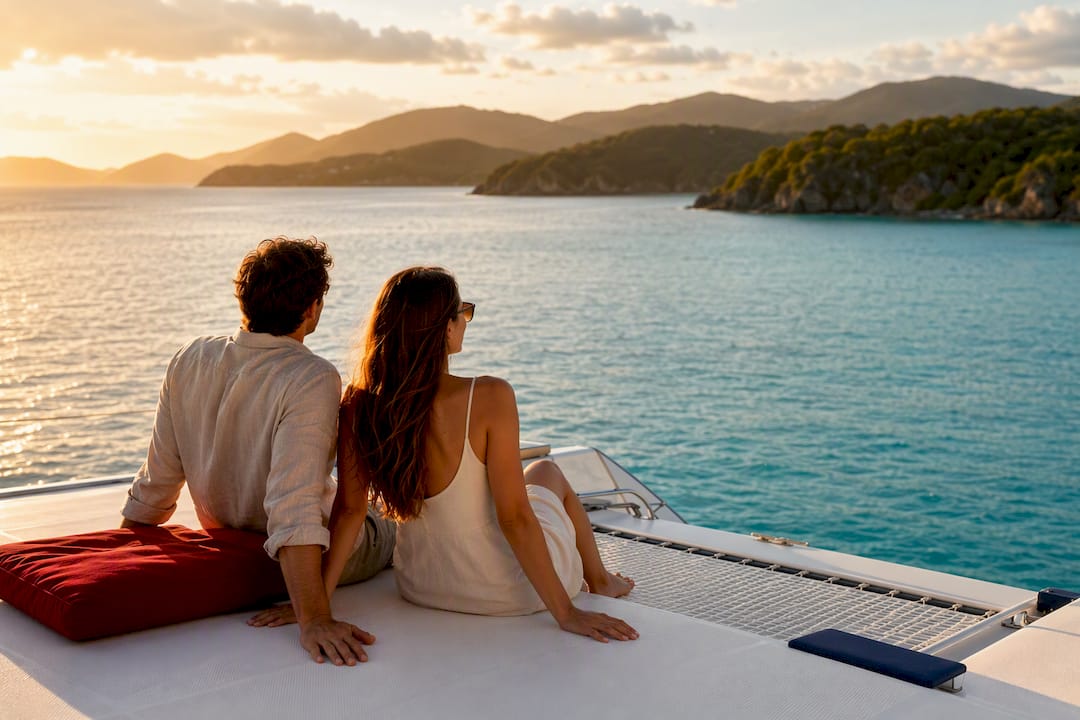 Couple relaxing aboard a BVI power catamaran