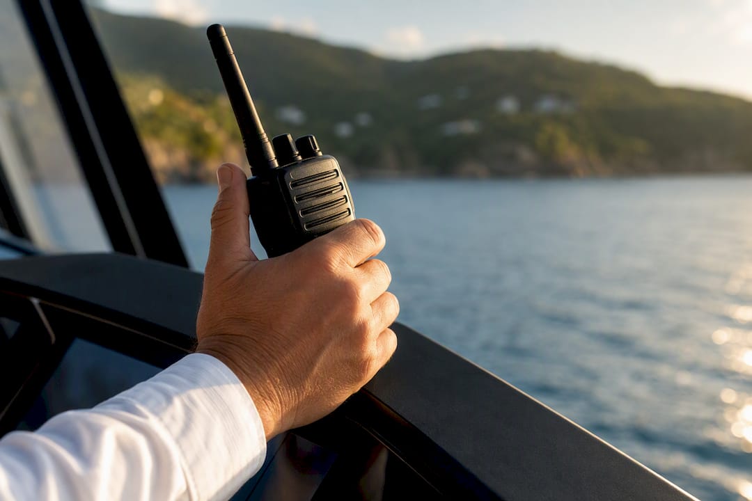 Captain using marine radio at sea