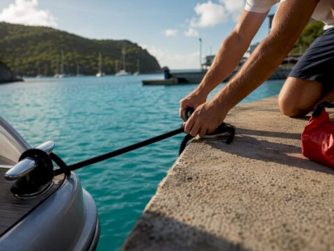 Hands securing a dock line in BVI
