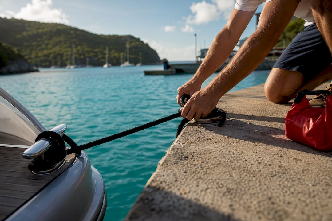 Hands securing a dock line in BVI