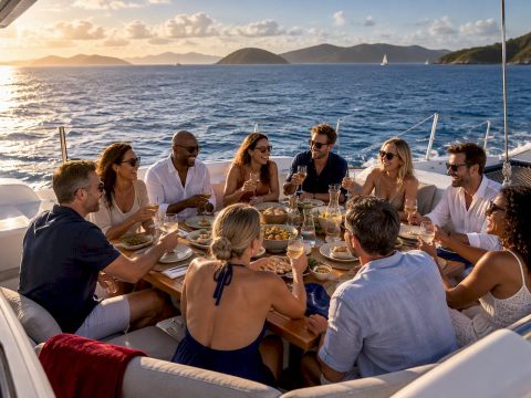 Group of ten enjoying spacious BVI yacht deck