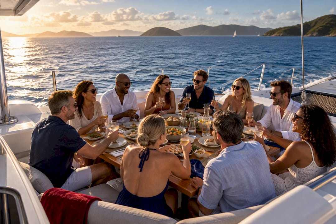Group of ten enjoying spacious BVI yacht deck