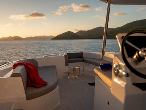 Power catamaran cockpit overlooking BVI islands