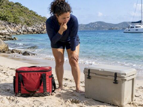 Traveler choosing between soft and hard coolers